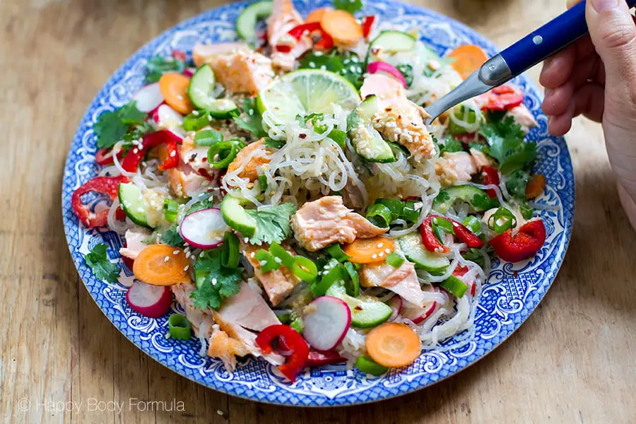 Konjac Noodle Salad with Salmon & Sesame Lime Dressing