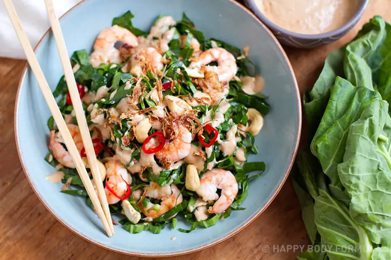 Prawn & Collard Greens Salad with Cashew Satay Sauce