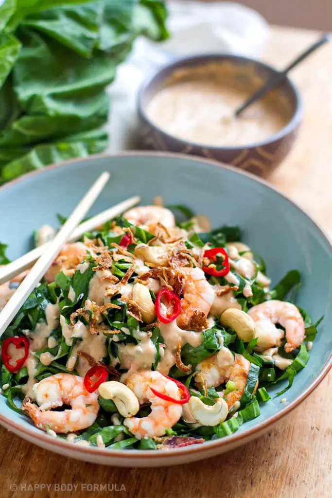 Prawn & Collard Greens Salad with Cashew Satay Sauce