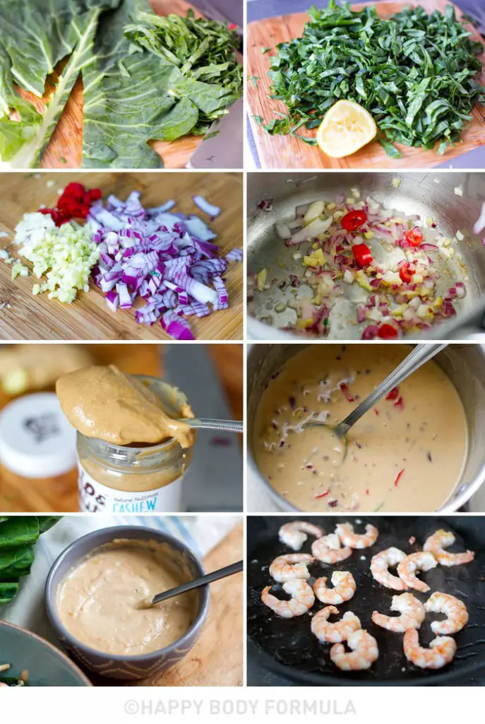 Prawn & Collard Greens Salad with Cashew Satay Sauce