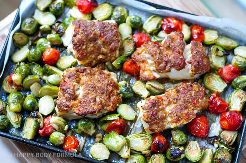 Paleo Cod Recipe - Sheet Pan Roasted Fish With Brussels Sprouts & Cherry Tomatoes