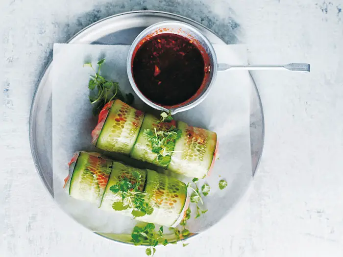 SPICY TOFU AND GREEN TEA NOODLE RICE PAPER ROLLS