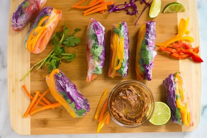 RAINBOW SPRING ROLLS WITH GINGER PEANUT DIPPING SAUCE