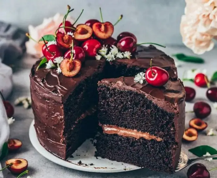 CHERRY-TOPPED VEGAN CHOCOLATE CAKE