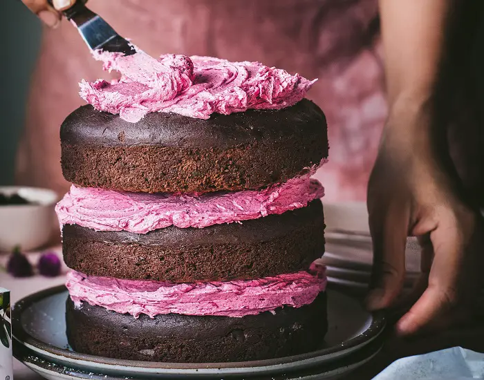 VEGAN CHOCOLATE LAYER CAKE WITH HIBISCUS FROSTING